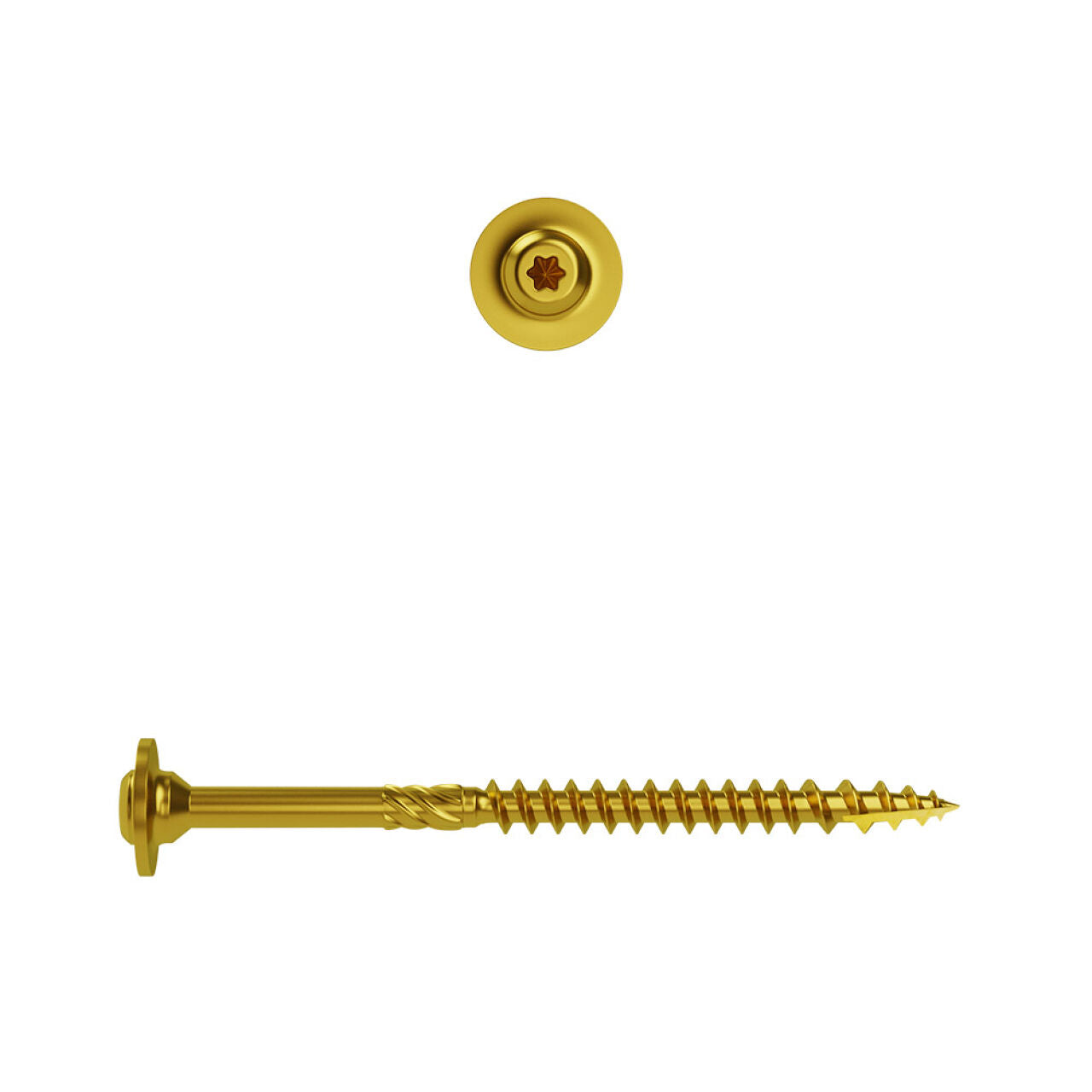 A 5/16 in. x 4 in. Go Build Star Drive Round Head Rugged Structural Wood Screw (45/Pack) is shown from the top, highlighting its star-shaped drive, and from the side, displaying full spiral threading and a sharp self-tapping tip.